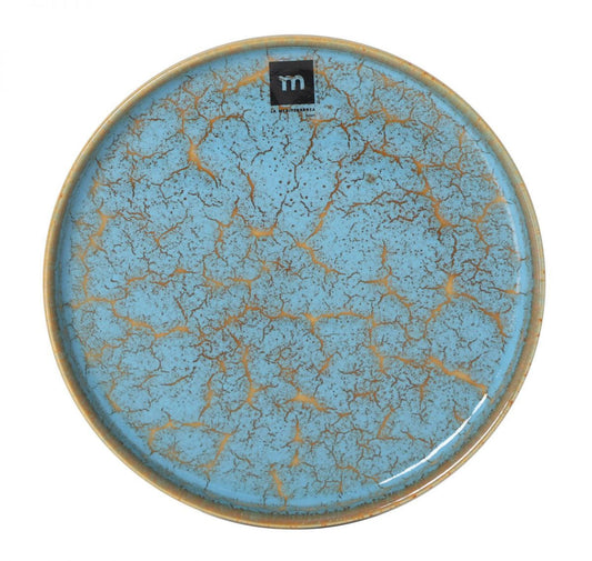 Light blue ceramic dessert plate with gold crackle glaze and brown rim