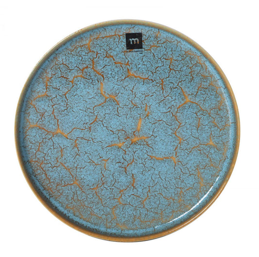 Round crackle-glazed ceramic dinner plate with teal blue and bronze finish