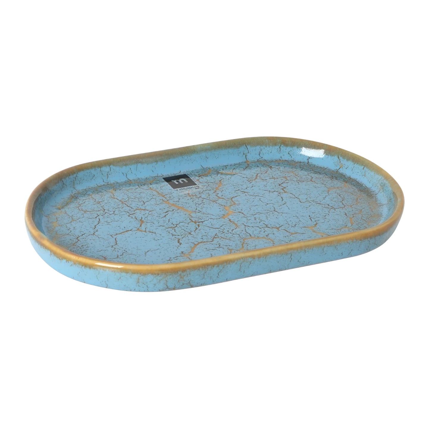 Scratch Blue 25.3x13.5x2cm oval dish with blue crackled glaze and gold rim