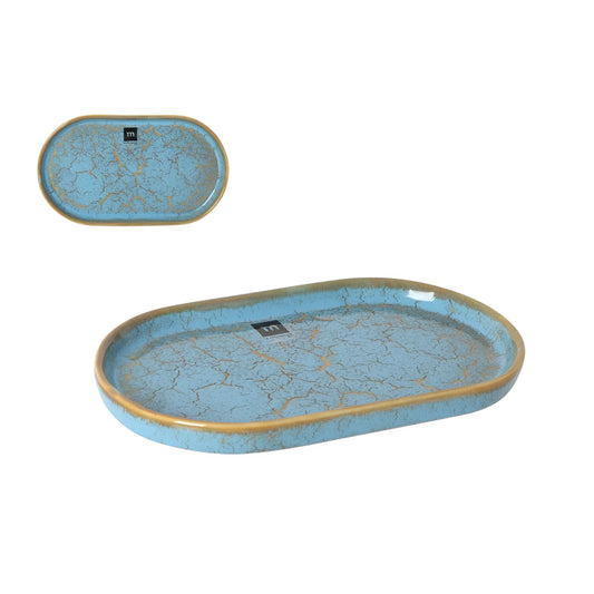 Scratch Blue oval dish 25.3x13.5x2cm blue ceramic tray crackled glaze gold rim