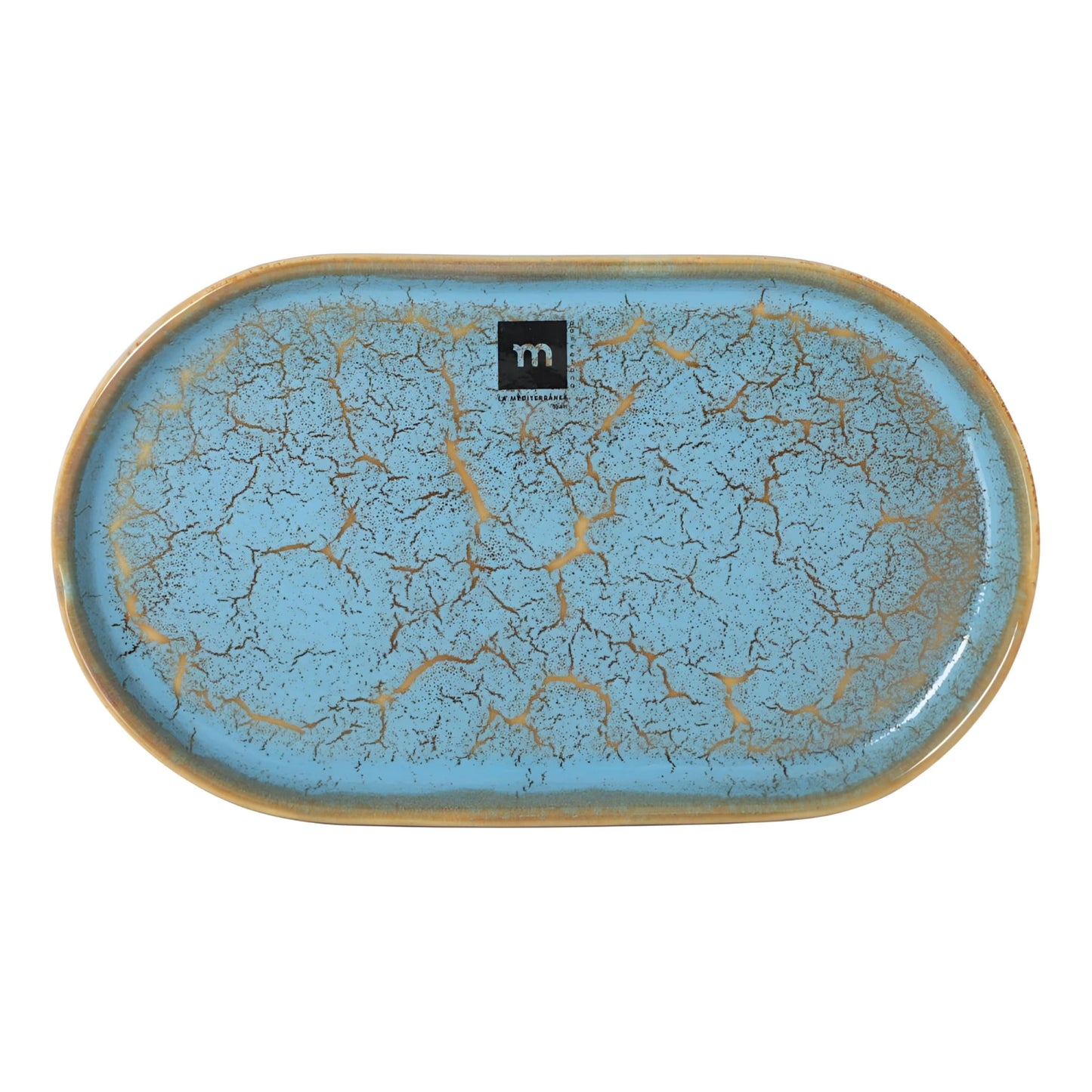 Scratch Blue 25.3x13.5x2cm oval dish with crackled blue glaze, gold rim and m by marmont label