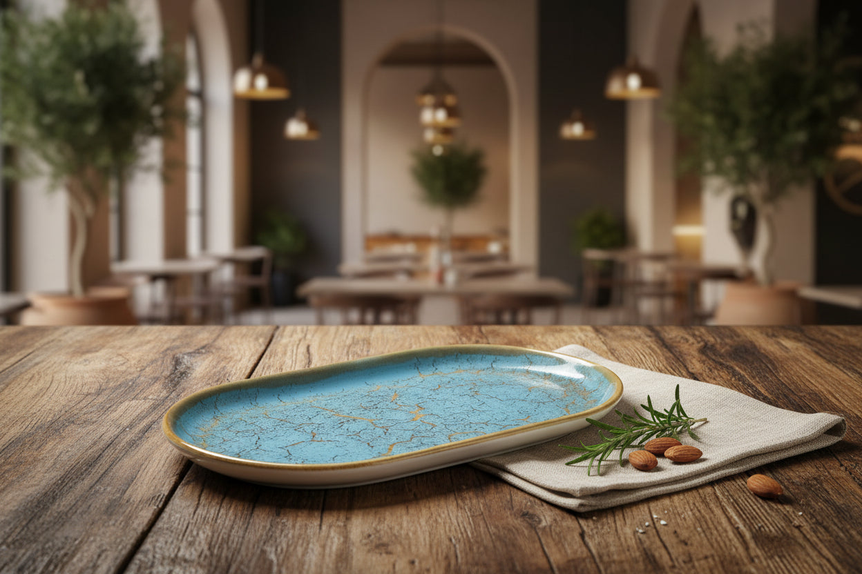 Blue ceramic tray with gold accents on a white background