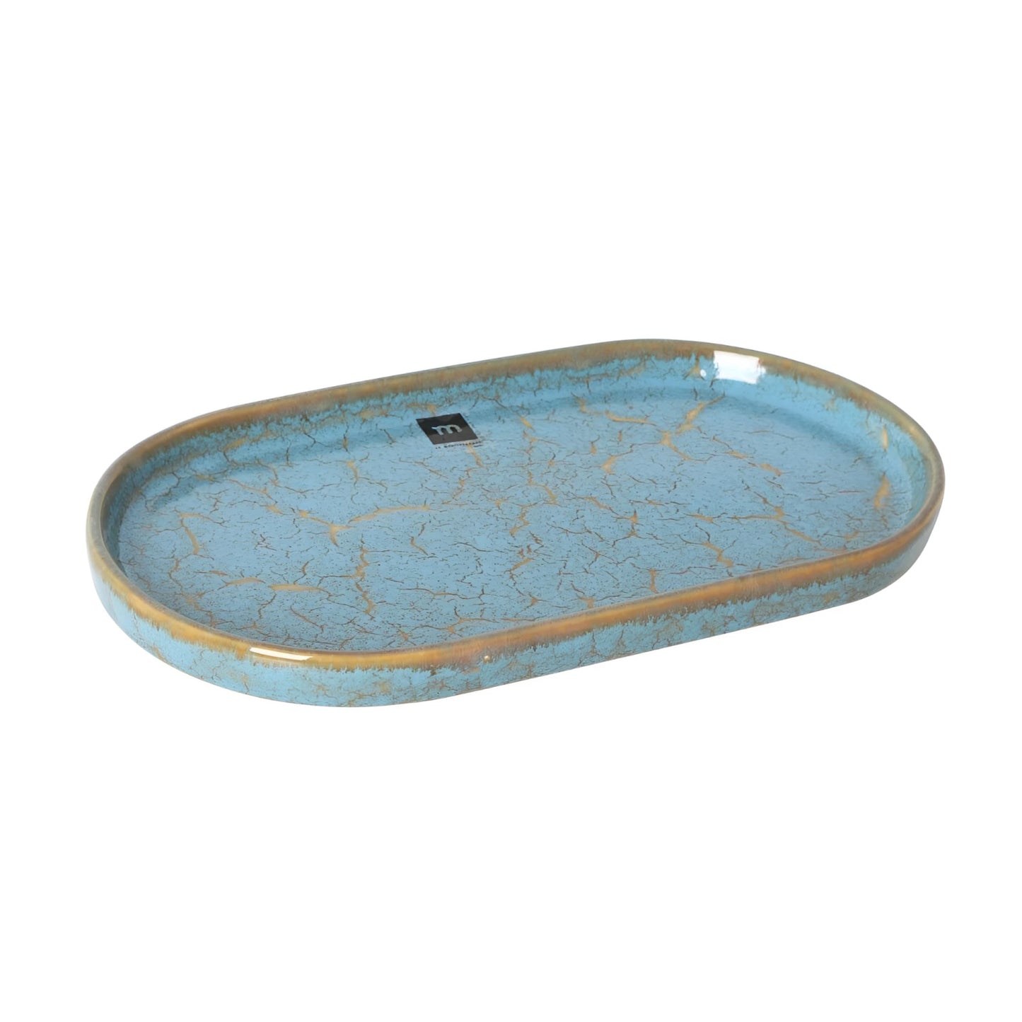 Scratch Blue oval dish 31x17.5x2.8cm with blue crackled glaze and gold rim