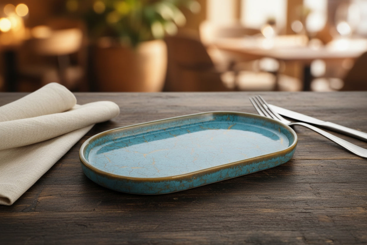 Blue ceramic tray with gold accents on a white background