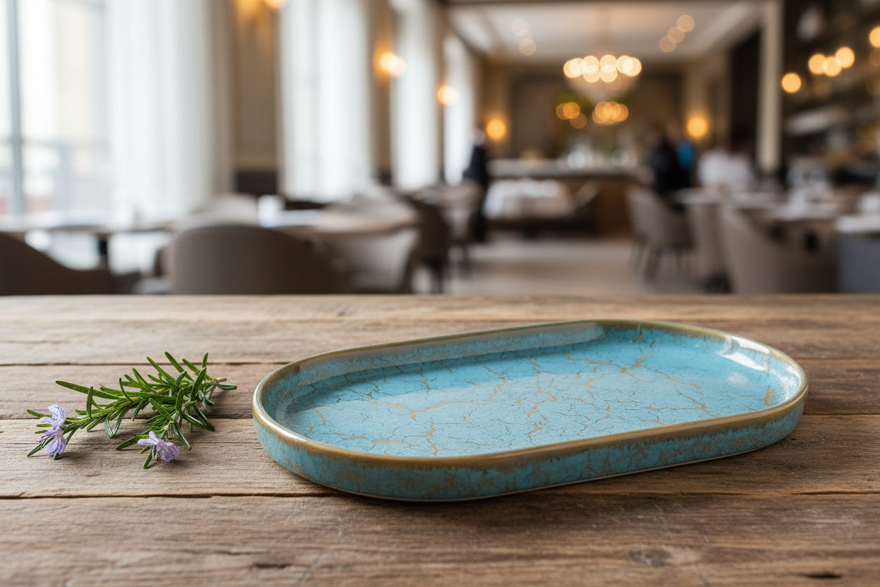 Blue ceramic tray with gold accents on a white background