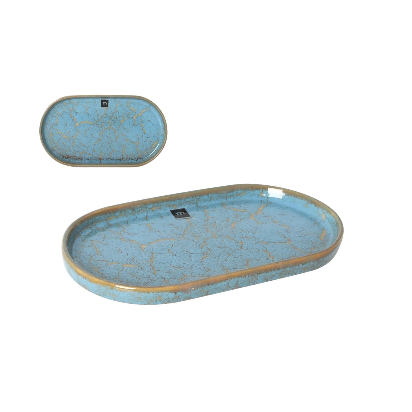 Scratch Blue oval dish 31x17.5x2.8cm blue ceramic tray crackled glaze gold rim