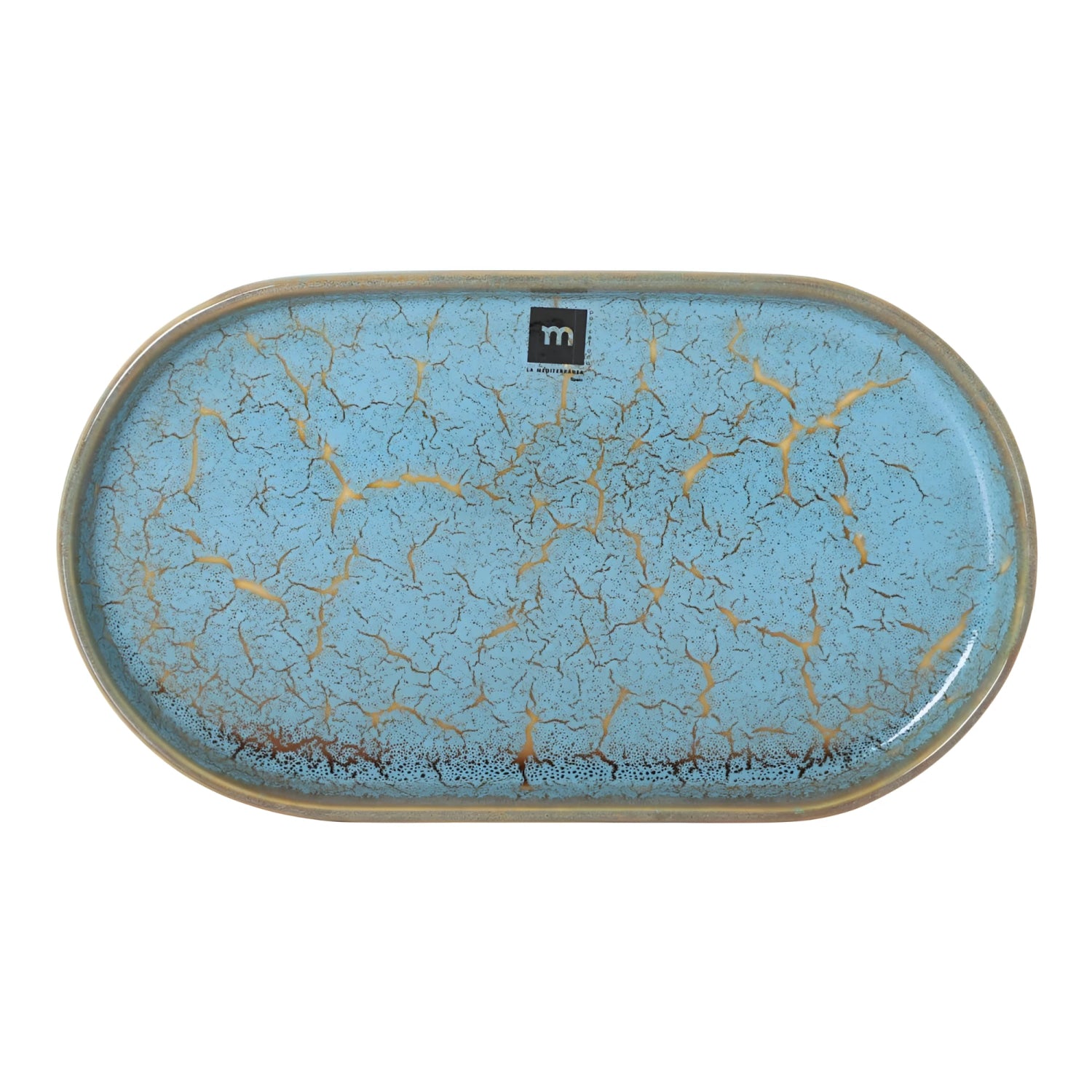 Scratch Blue oval dish with blue crackled glaze, gold rim, and m logo, 31x17.5x2.8cm