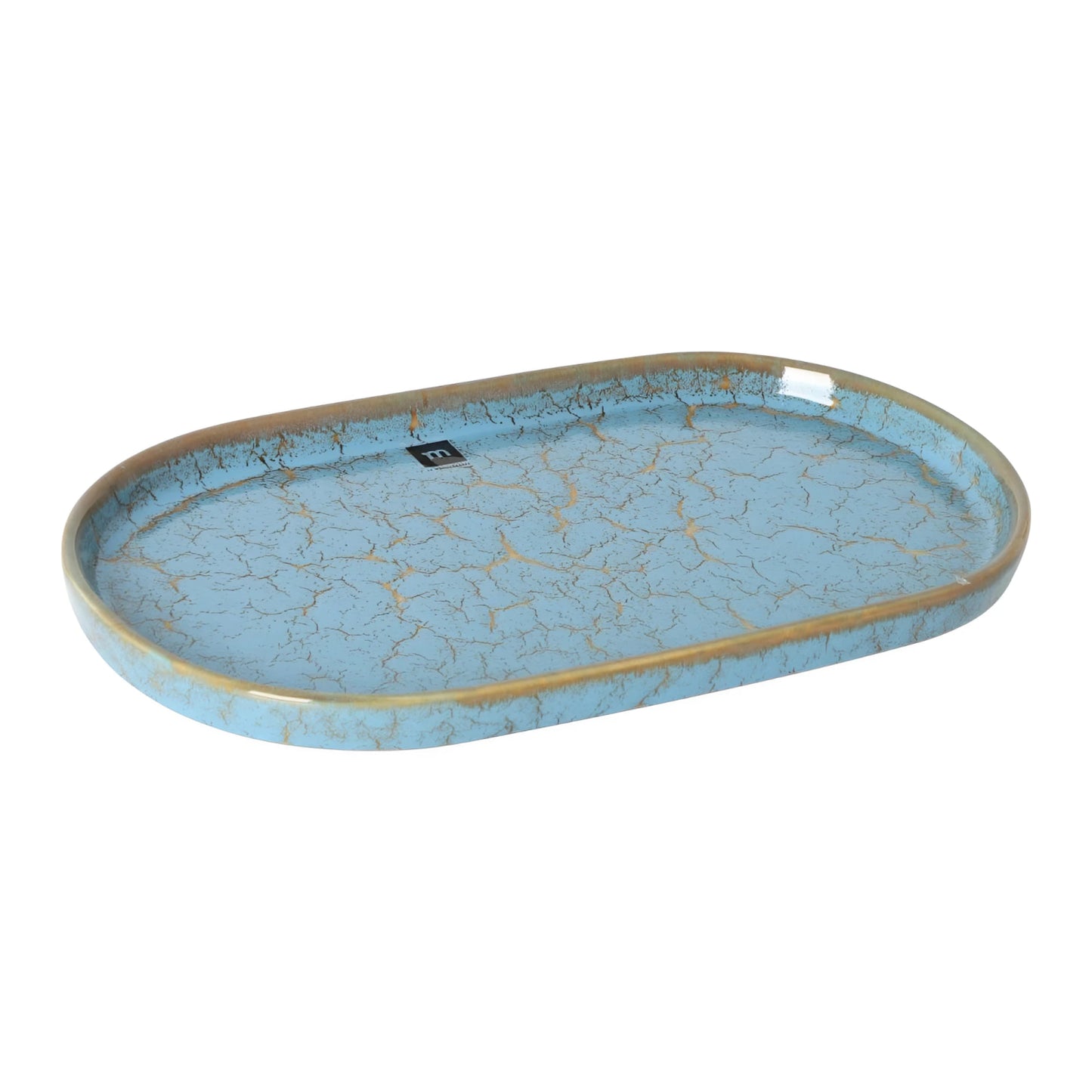 Scratch Blue 35.7x20.5x3cm oval dinner plate with light blue crackled glaze and gold rim