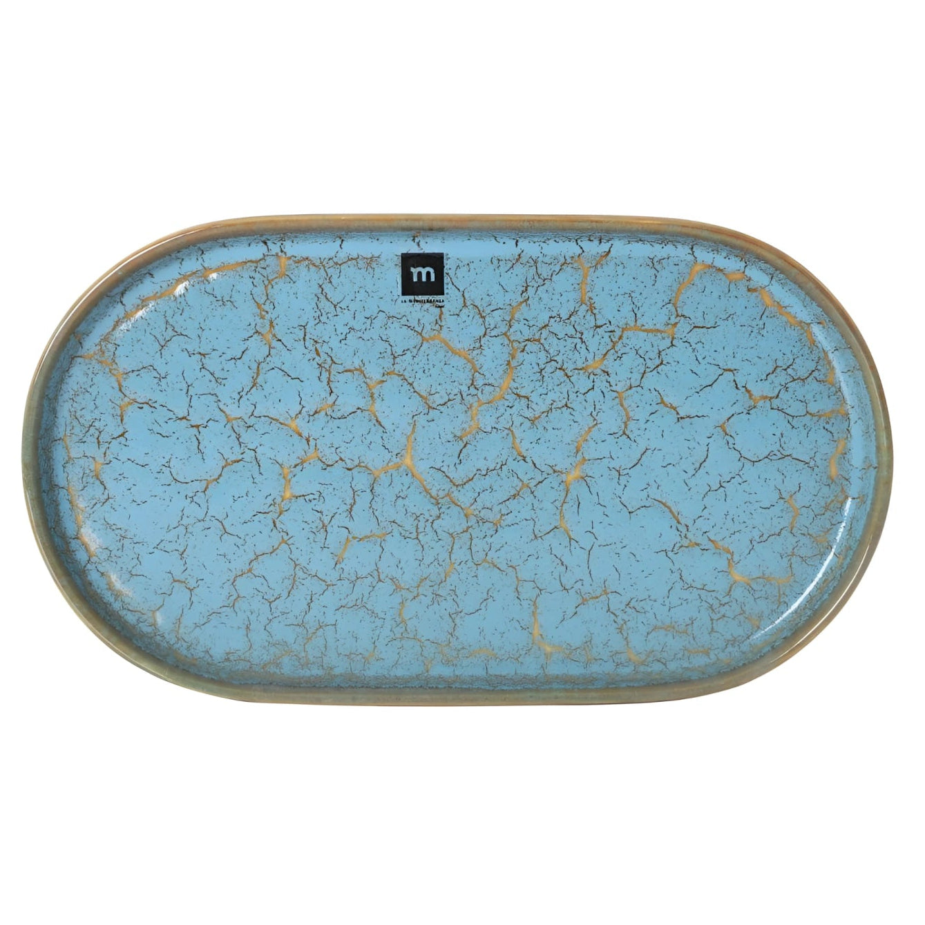 Scratch Blue oval dinner plate 35.7x20.5x3cm with blue crackled glaze and gold rim
