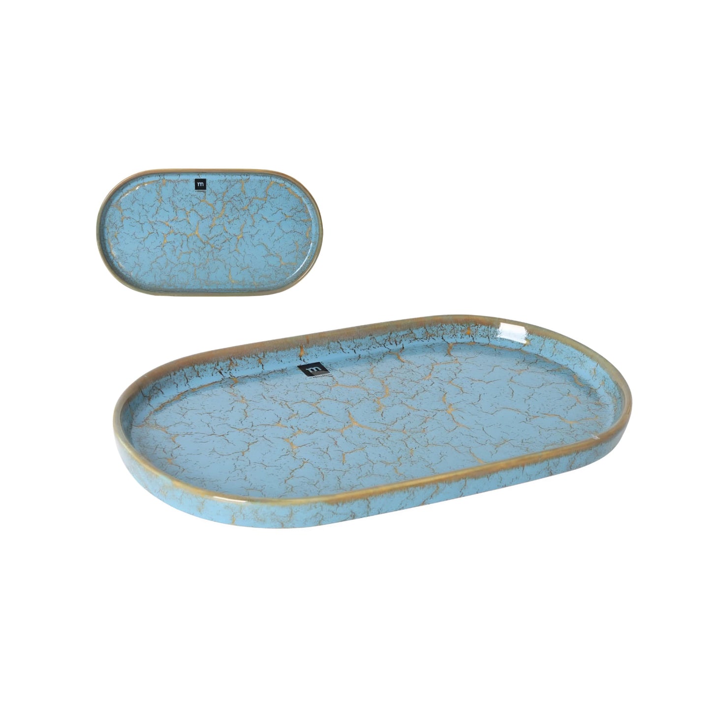 Scratch Blue oval dinner plate 35.7x20.5x3cm with light blue crackled glaze and gold rim