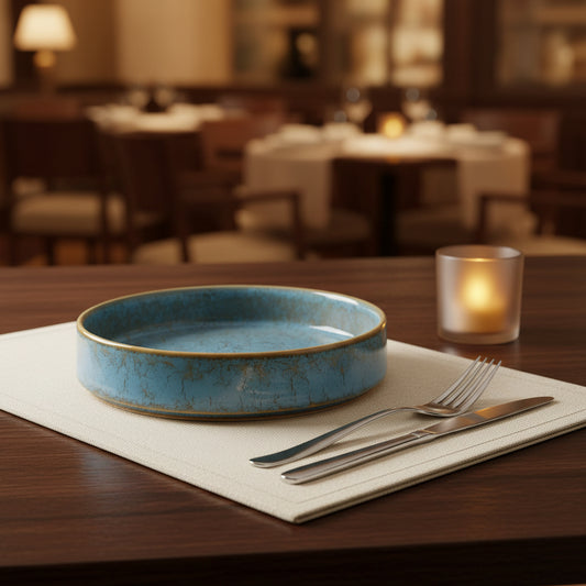 A round shallow ceramic dish with a light blue glaze and a crackled gold finish, shown on a plain white background.