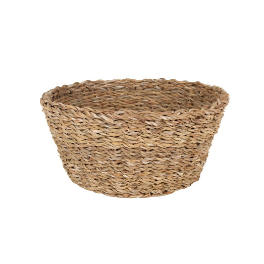 Woven seagrass basket for kitchen organization, fruit, bread, and decor storage