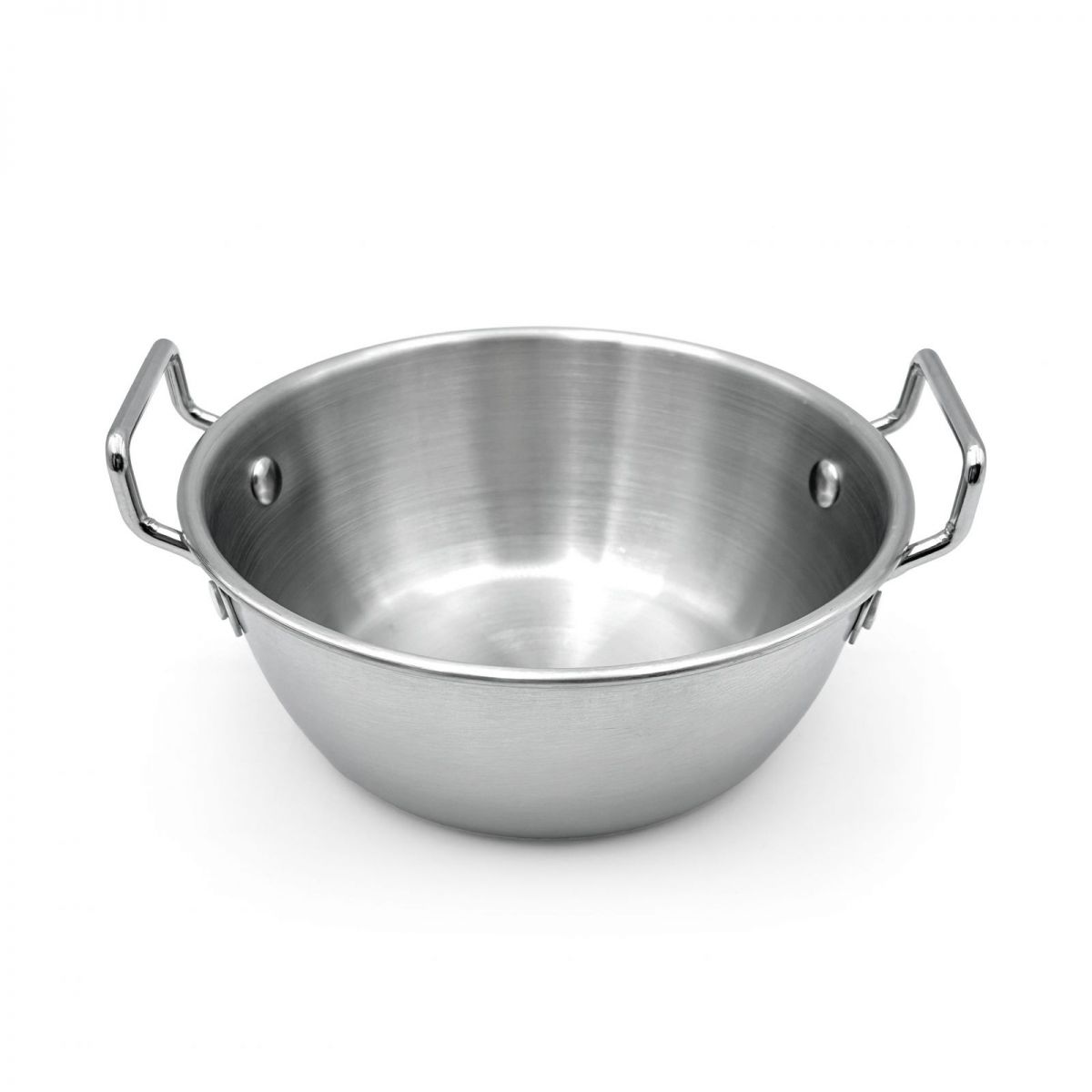 Stainless steel 14cm tapas deep pan with dual handles and reflective surface