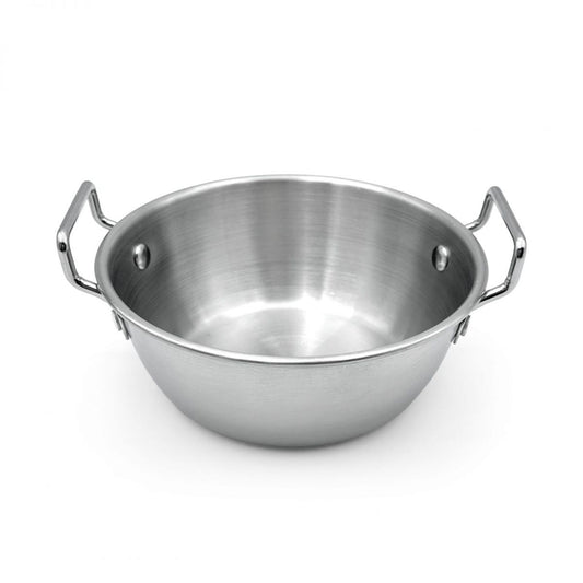 Stainless steel 14cm tapas deep pan with dual handles and reflective surface