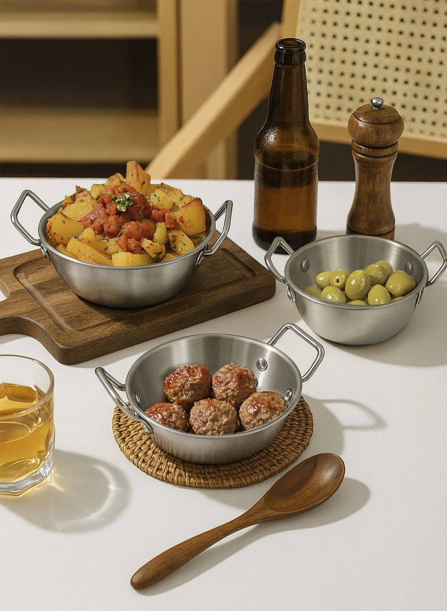 Stainless steel 14cm My Bar tapas deep pan with wooden handle spoon set