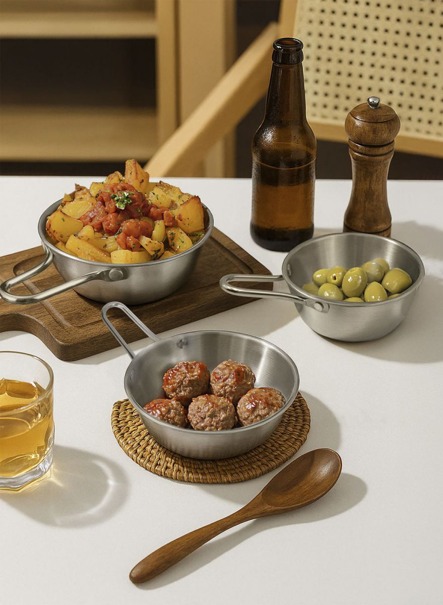 Stainless steel 14cm tapas frying pan set with wooden handles and beer glass