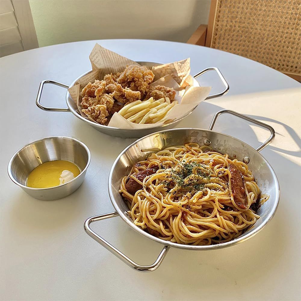 Stainless steel 21cm My Bar pasta bowl with handles, spaghetti and meatballs