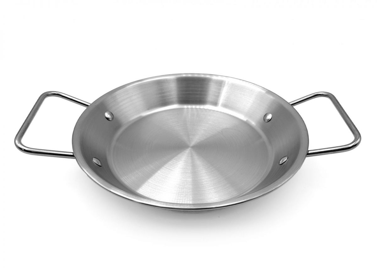 Stainless steel 21cm tapas paella pan with dual handles, brushed finish