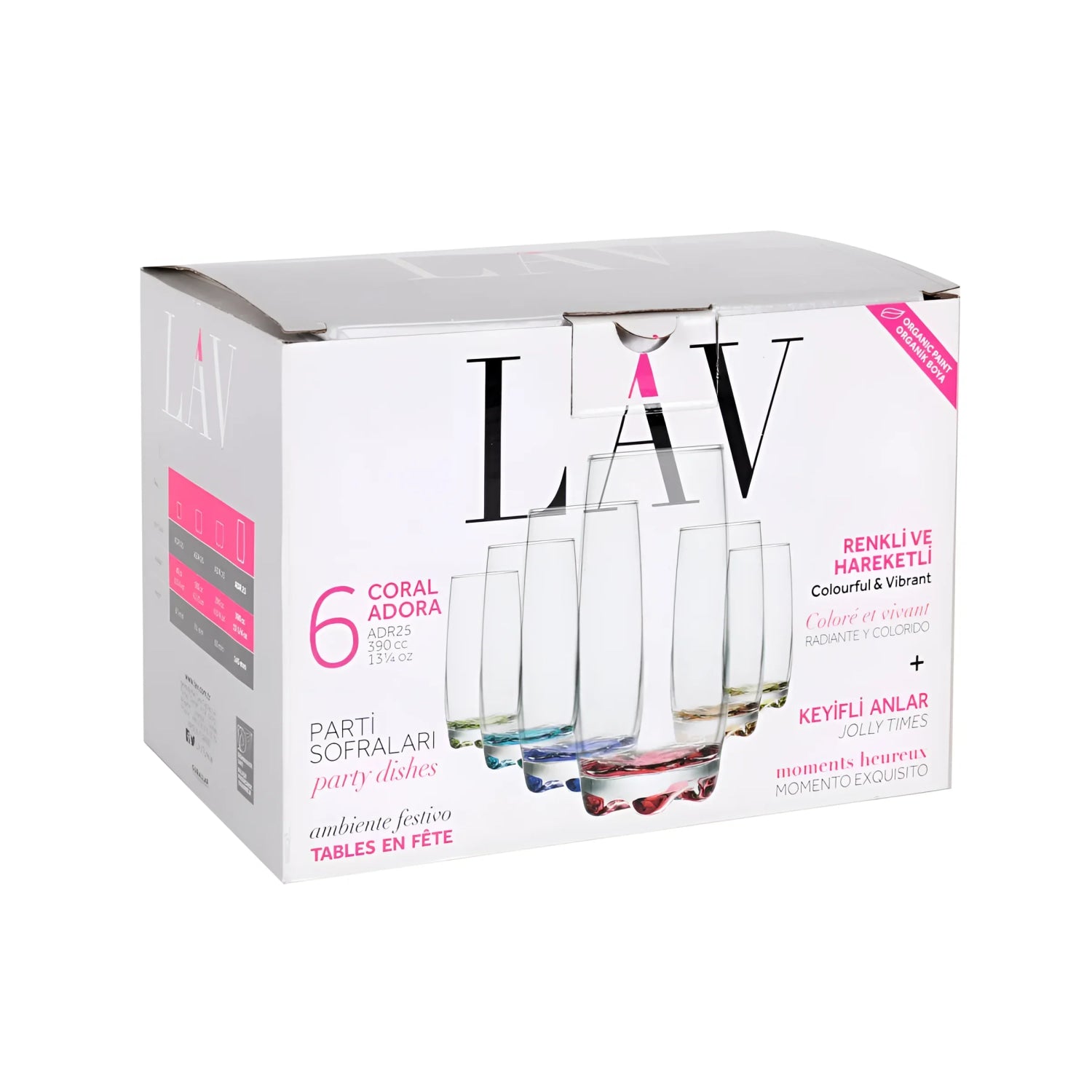 Set Of 6 Pcs Coloured Base Glasses Drinking Highball Style Glassware Juice Boxed Adora LAV
