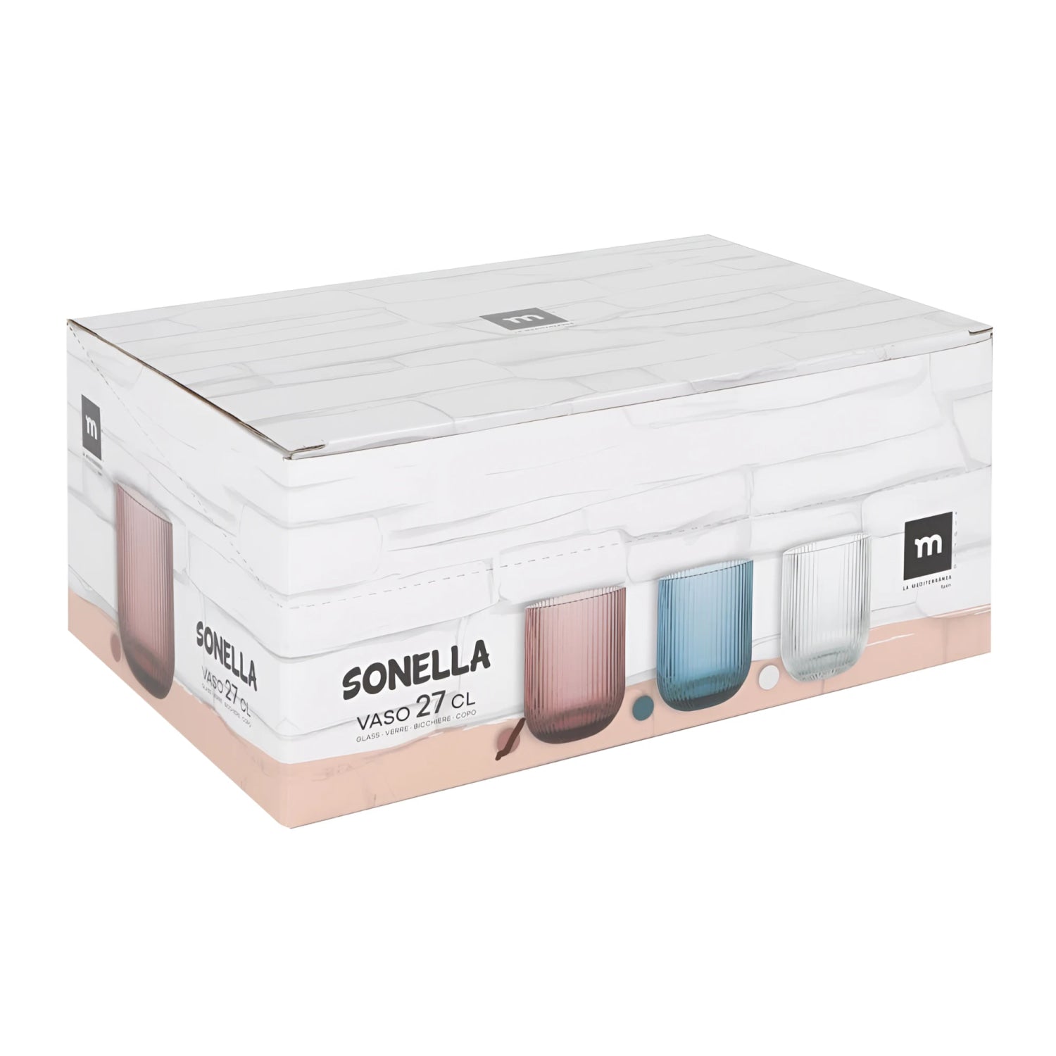 Sonella Blue 270ml ribbed glass tumblers in rose, blue, clear