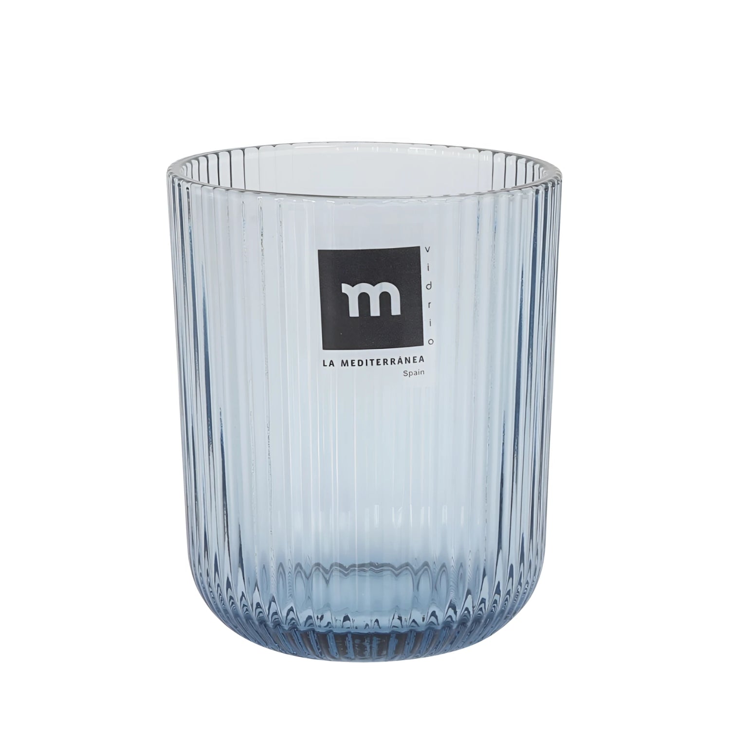 Translucent blue Sonella ribbed glass vase with black logo 270ml