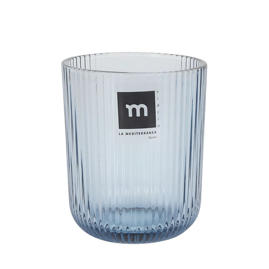Translucent blue Sonella ribbed glass vase with black logo 270ml