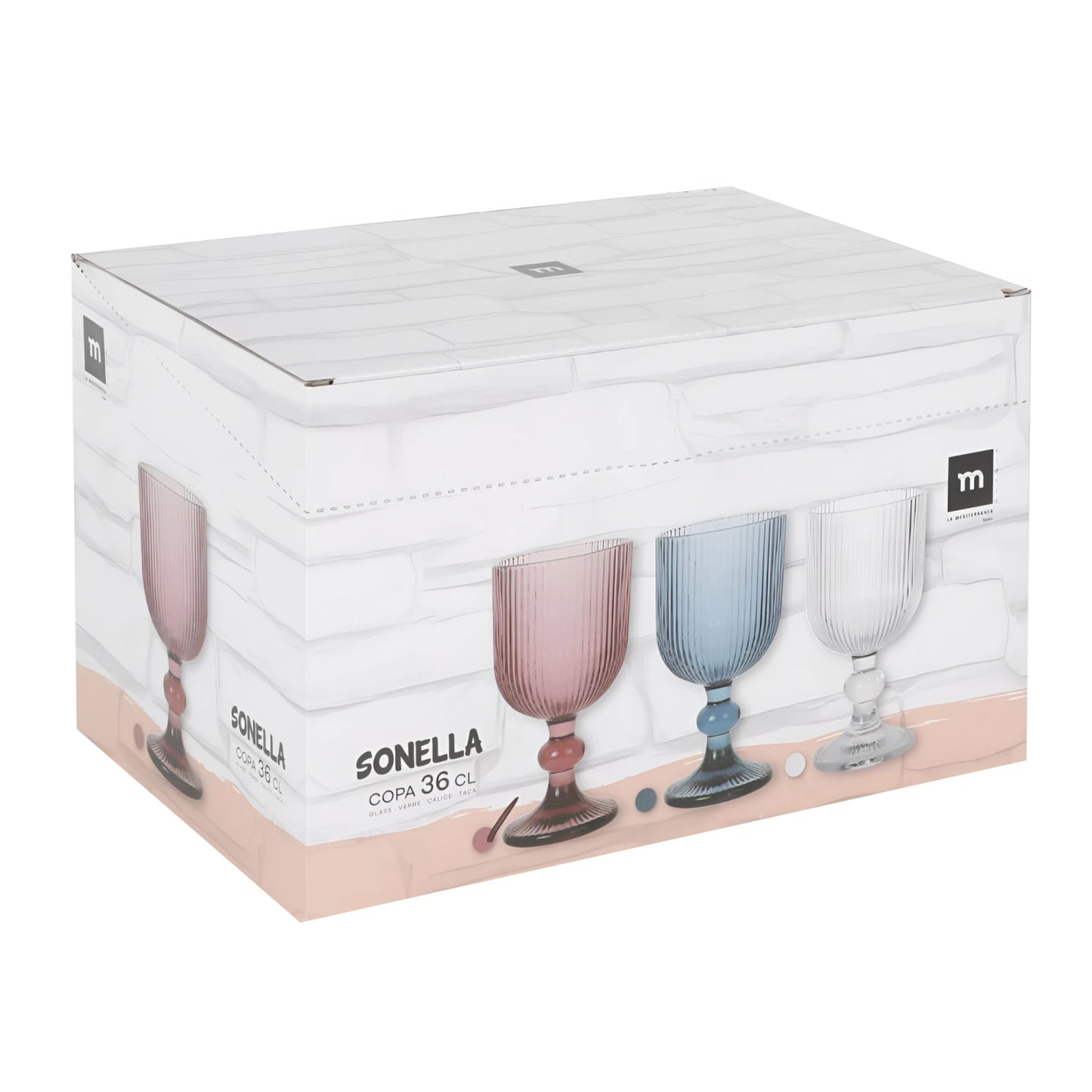 Set of three Sonella 36cl ribbed wine glasses in pink, blue, clear with marble box