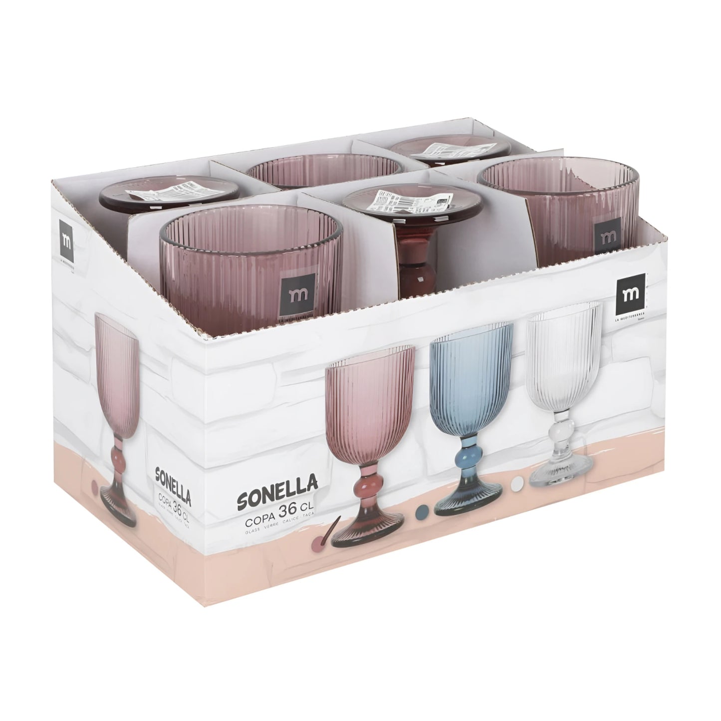Set of six Sonella 36cl ribbed tumblers in pastel pink, blue, clear