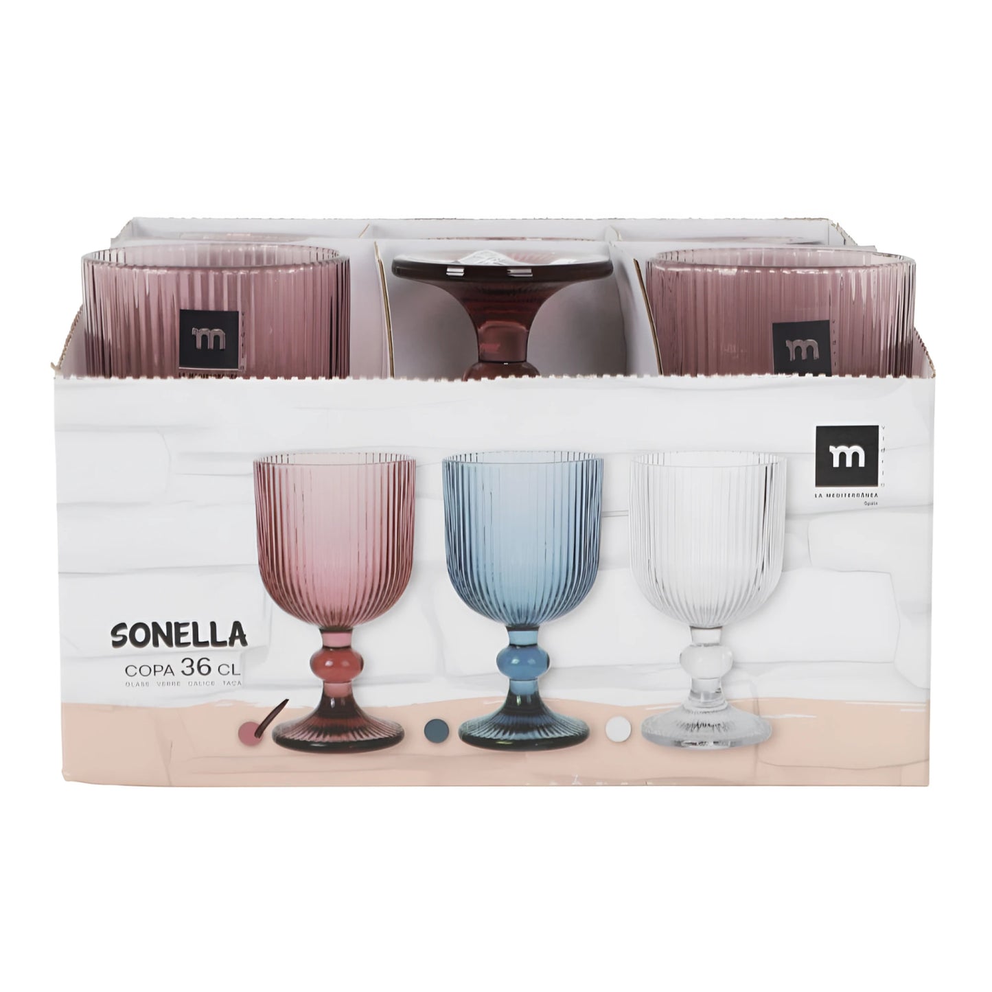 Set of four Sonella 360ml ribbed wine glasses in pink, blue, clear