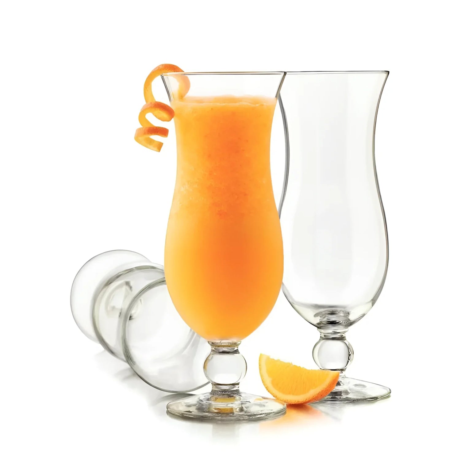 Three Royal Leerdam Specials Cocktails Hurricane Glasses with orange juice and garnishes