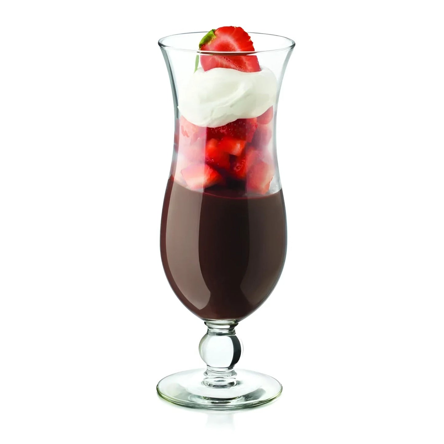 Dark chocolate pudding dessert in a Royal Leerdam hurricane glass topped with strawberries and whipped cream