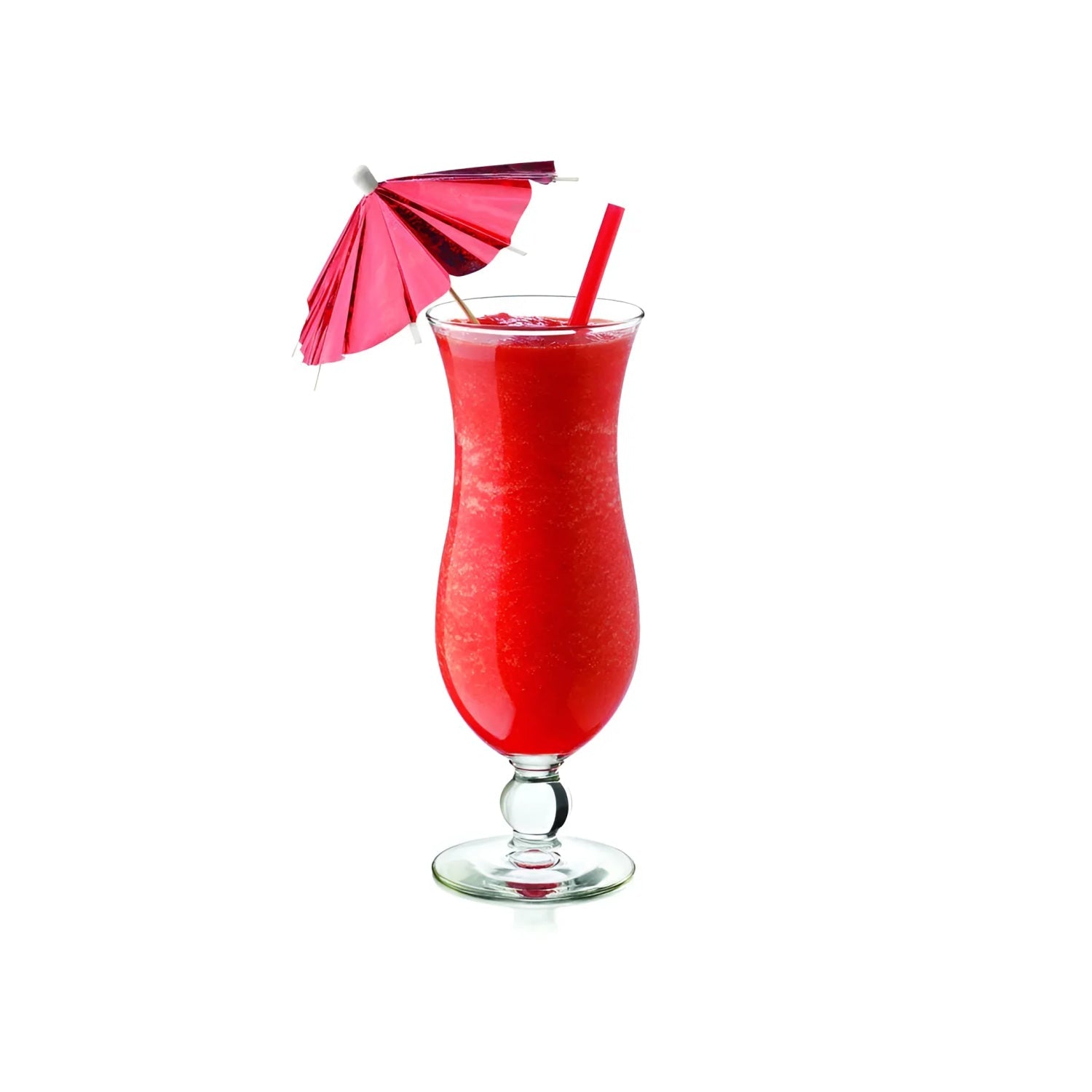 Red frozen cocktail in Royal Leerdam hurricane glass with straw and umbrella