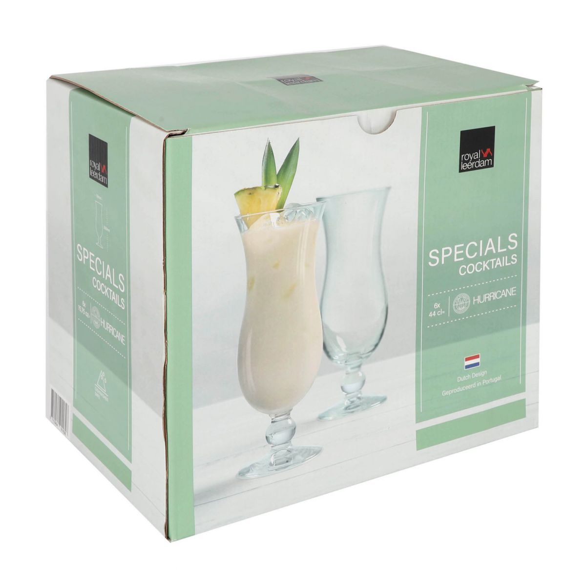 Box of Royal Leerdam Specials Cocktails Hurricane Glasses with one garnished with pineapple