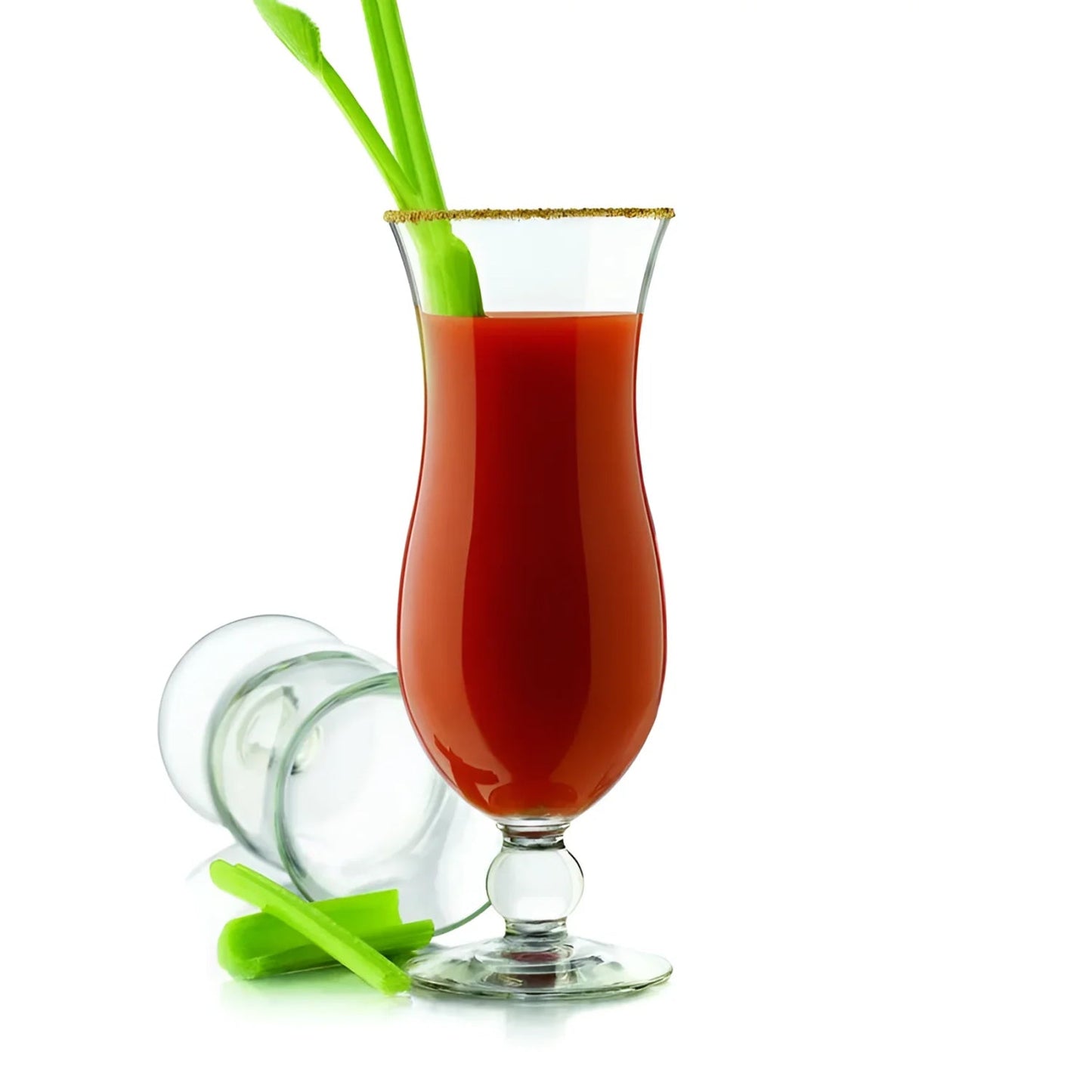 Tall glass of red juice with celery stalk garnish in Royal Leerdam Specials Cocktails Hurricane Glass