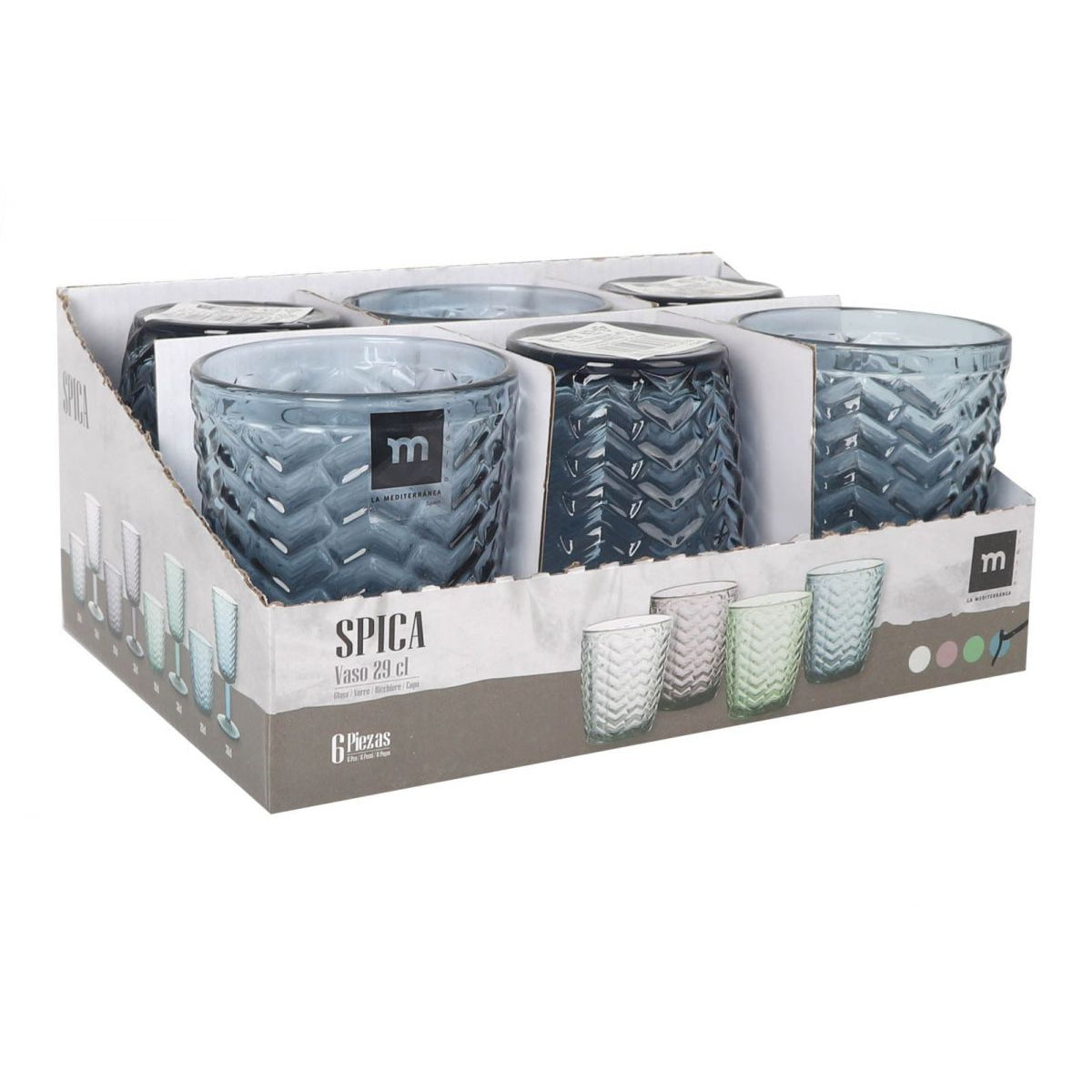 Set of six Spica blue embossed glass tumblers 290ml in retail box