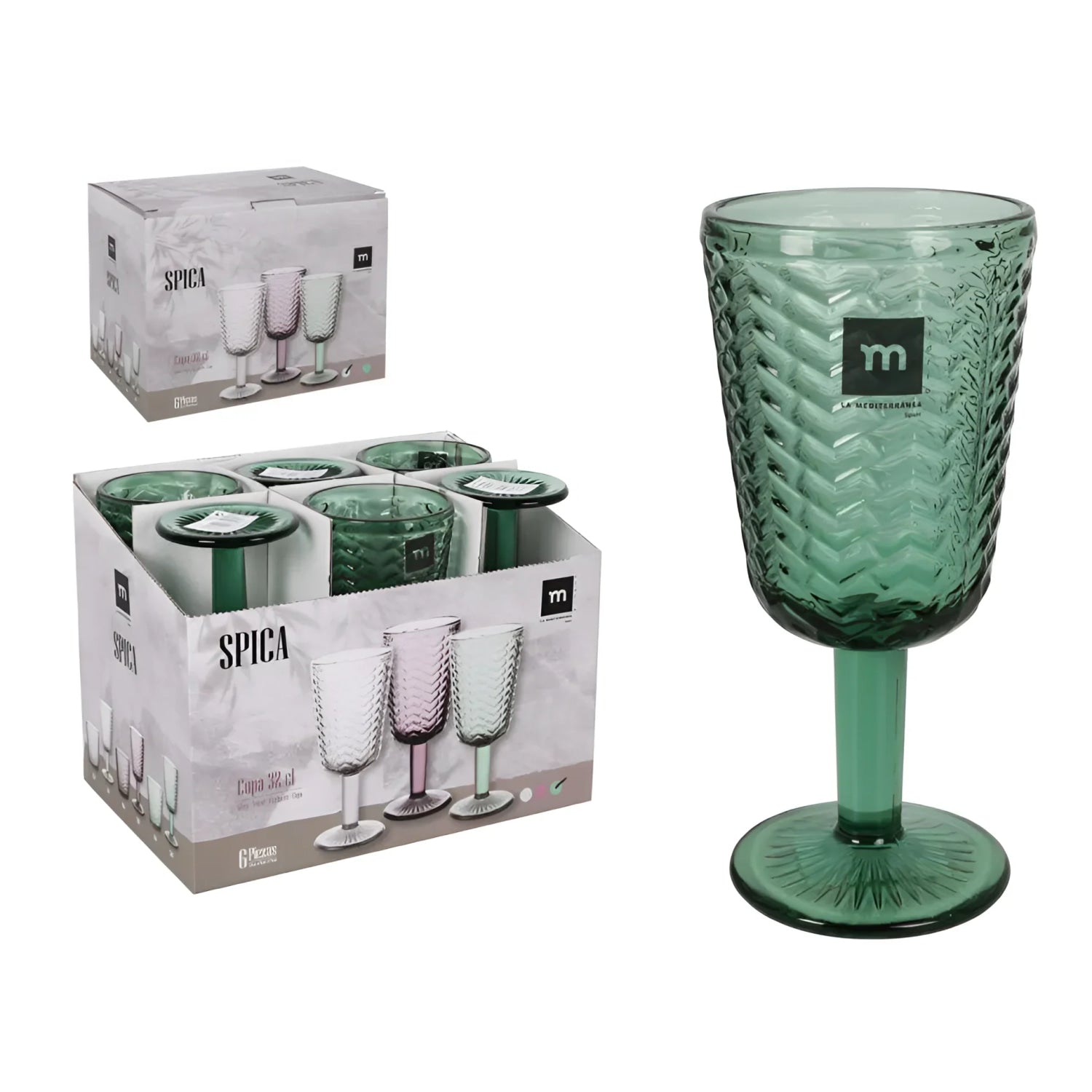SPICA green Wine glasses 320ml embossed glassware vintage style