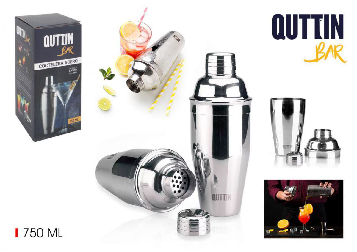 Stainless steel cocktail shaker set with jigger and strainer, 750ml capacity, Quttin Bar