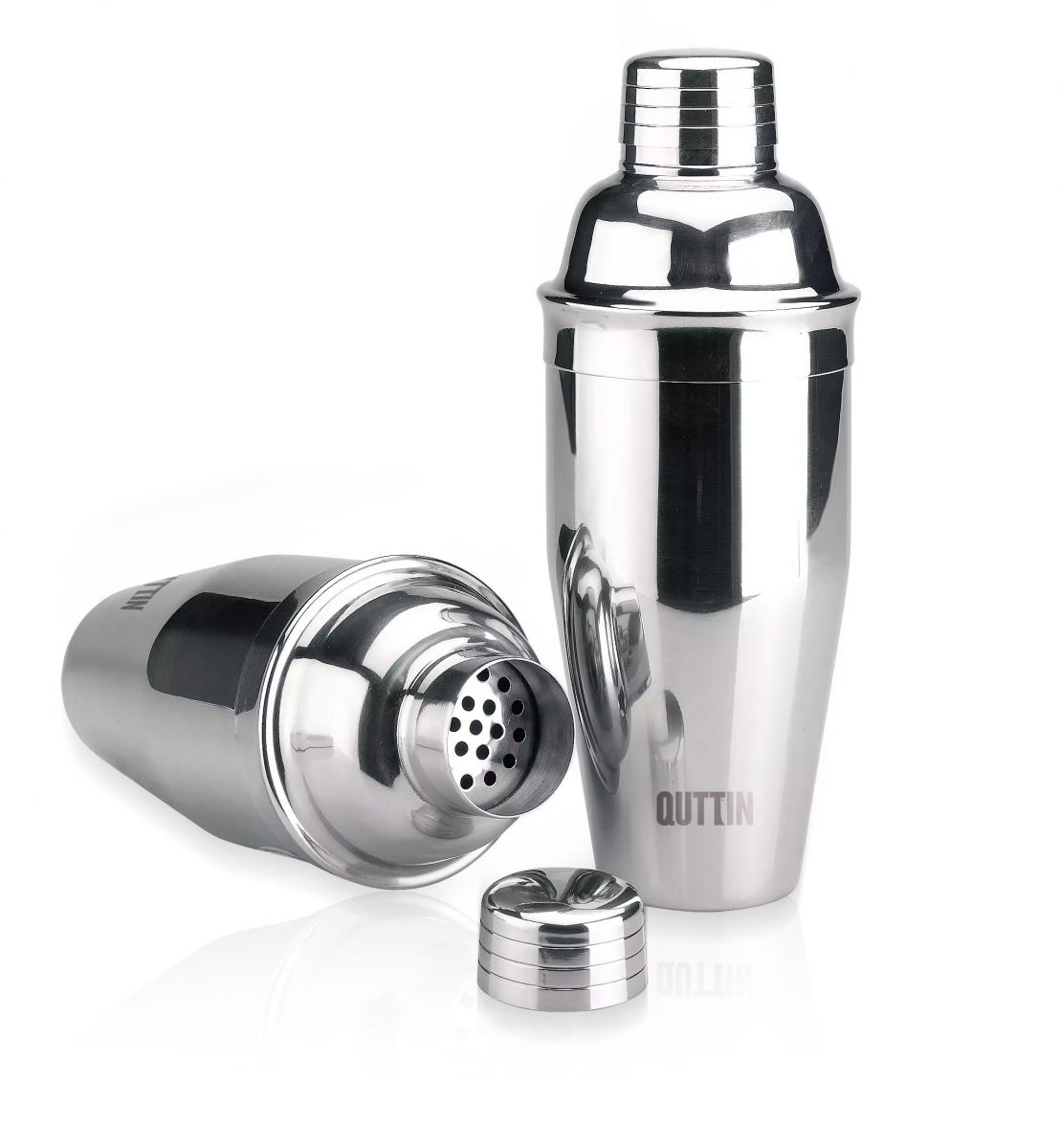 Disassembled Stainless Steel Cocktail Shaker 750ml Quttin Bar with built-in strainer and jigger cap