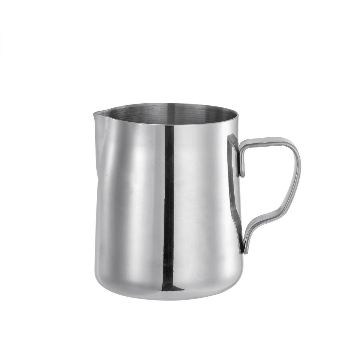 Polished stainless steel milk frothing pitcher with pour spout and handle for coffee frothing