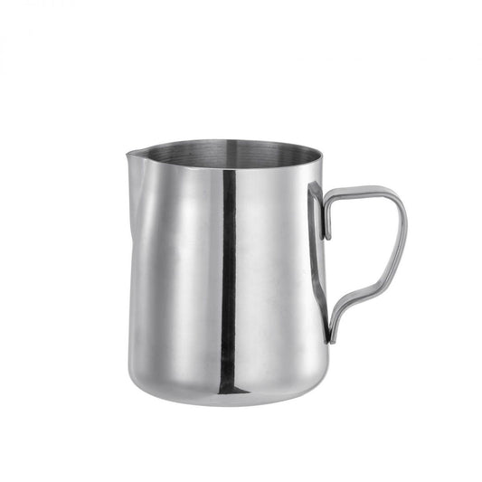 Polished stainless steel milk frothing pitcher with pour spout and handle for coffee frothing
