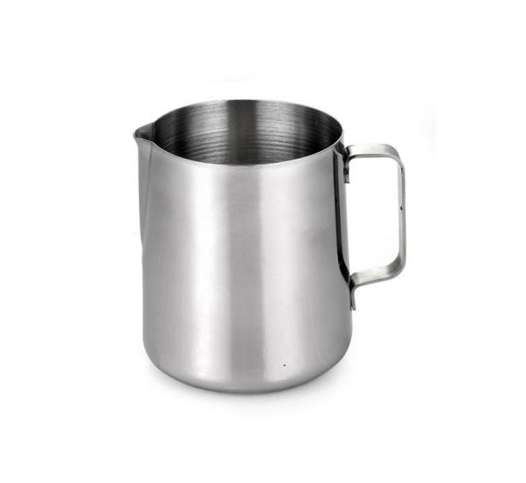 Polished stainless steel milk frothing pitcher with spout and handle for coffee and latte art