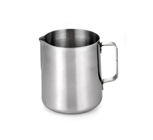 Polished stainless steel milk frothing pitcher with spout and handle for coffee and latte art