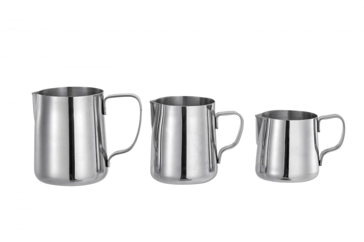 Set of three stainless steel milk frothing jugs with handles and pouring spouts for coffee