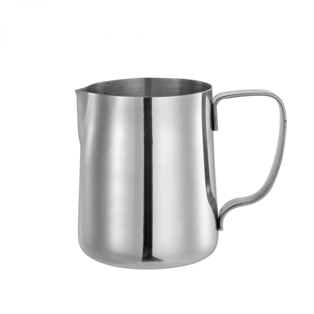 Stainless steel milk frothing pitcher with handle and pouring spout for coffee and latte