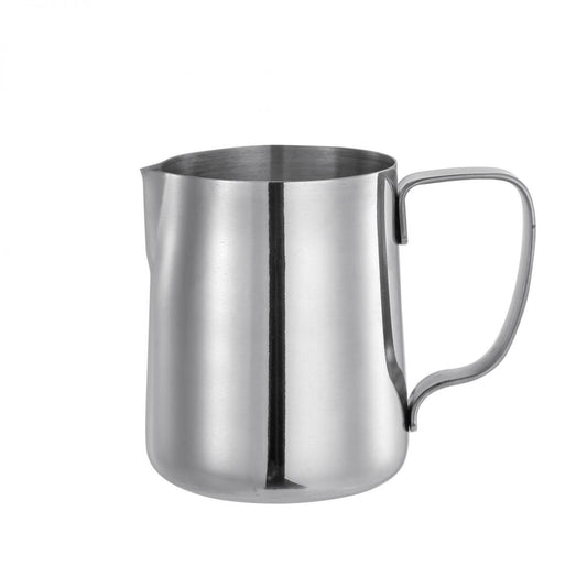 Stainless steel milk frothing pitcher with handle and pouring spout for coffee and latte