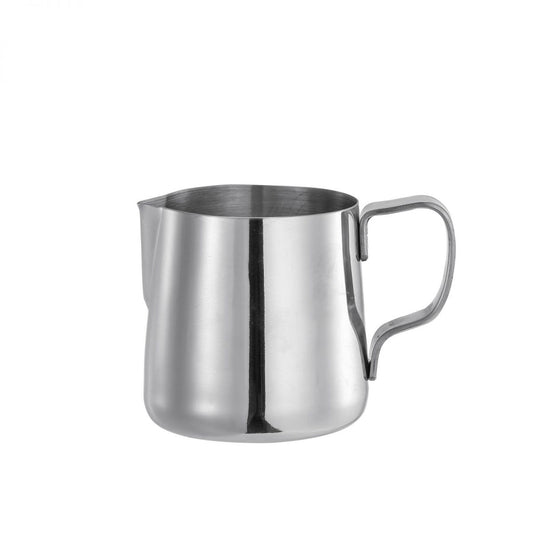 Polished stainless steel milk frothing pitcher with handle and pouring spout for coffee drinks