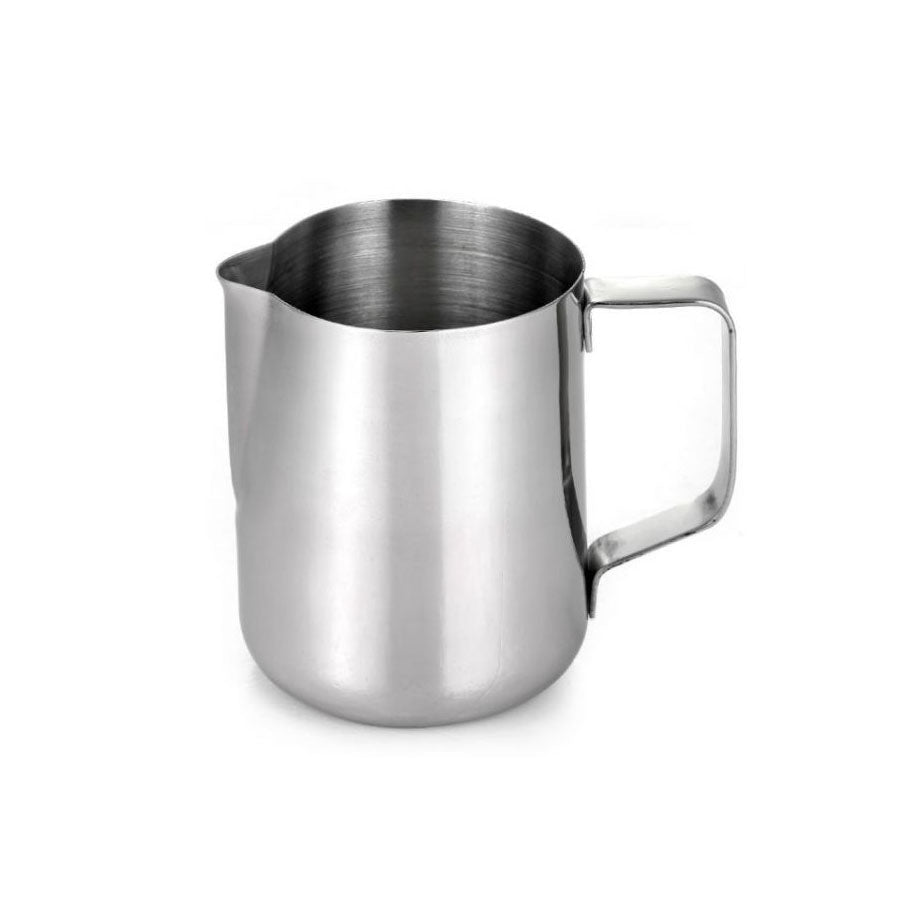 Stainless steel milk frothing pitcher with handle and pouring spout for coffee and latte art