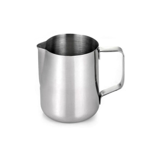 Stainless steel milk frothing pitcher with handle and pouring spout for coffee and latte art