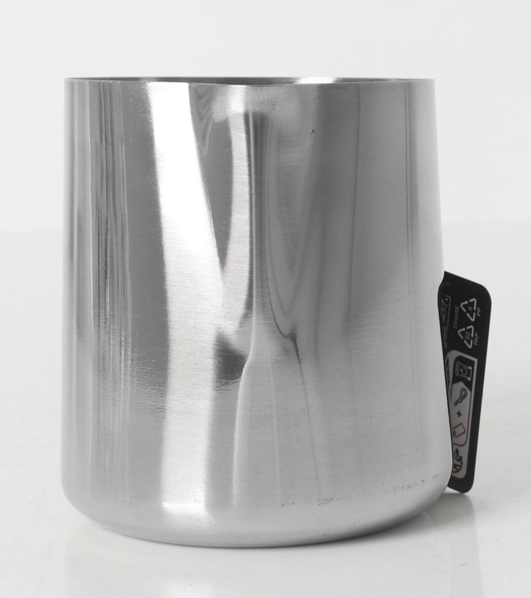 Polished stainless steel milk frothing pitcher with gentle curved base for coffee and latte art