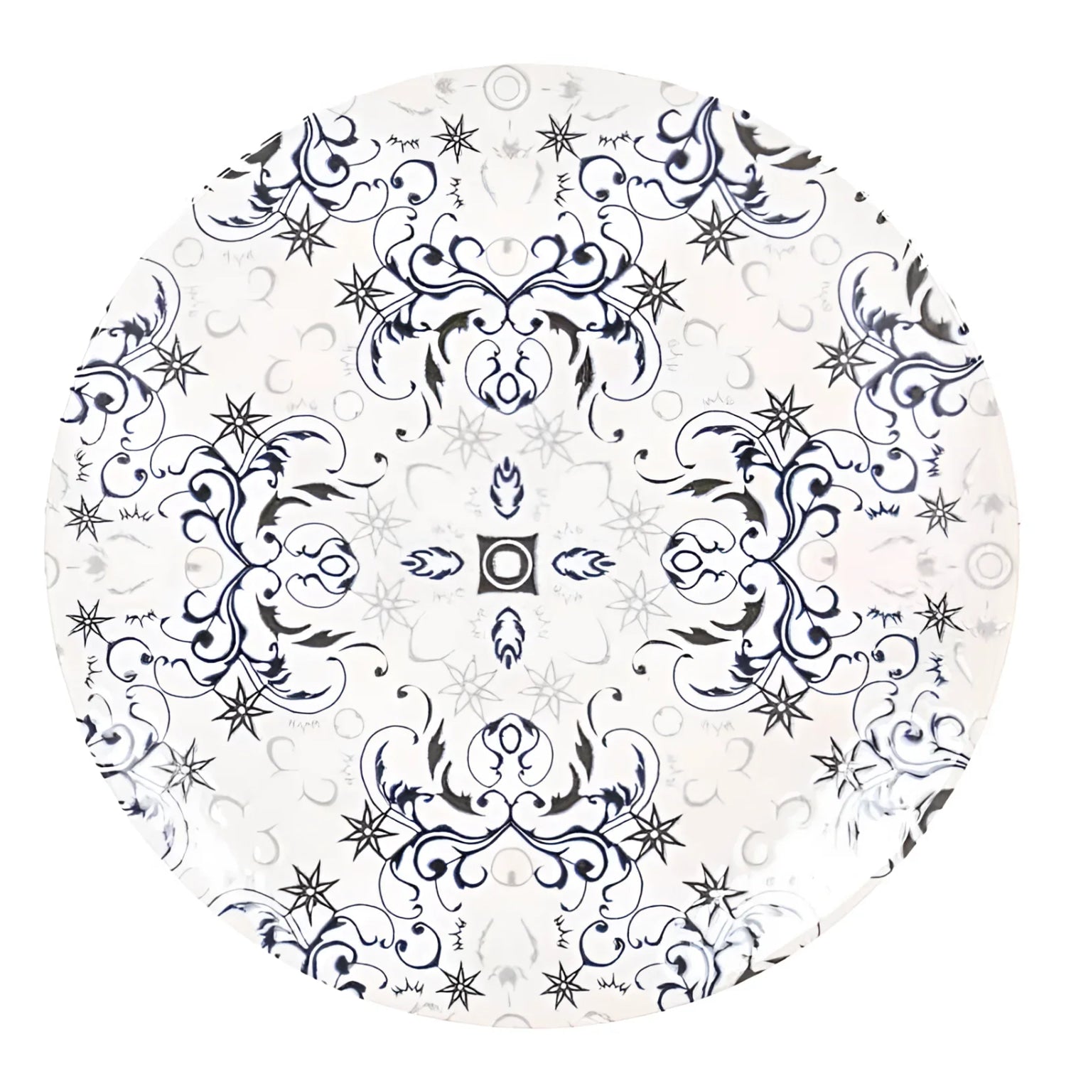 Decorative circular design with black patterns on a white background